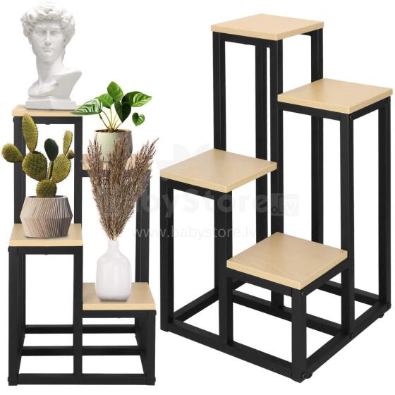 Metāla puķu statīvs ar 4 plauktiem Springos GA0206, 67,5 cm, loft stils, melns/gaiši brūns