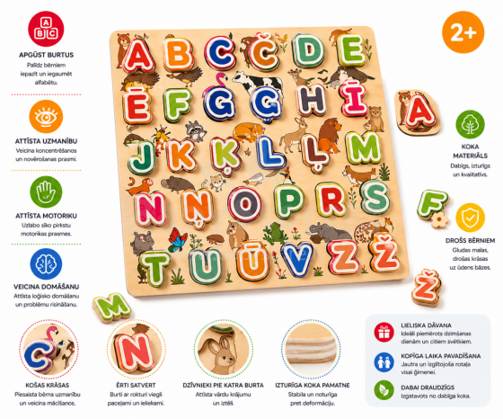 Bo Alphabet LV Art.227510 Educational wooden puzzle "Alphabet and animals" (In Latvian lang.)