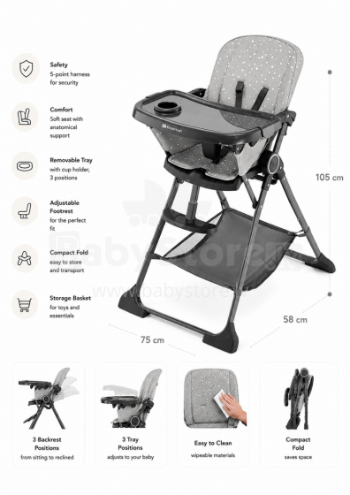 Kinderkraft Foldee Art.228596 Grey Barošanas krēsls