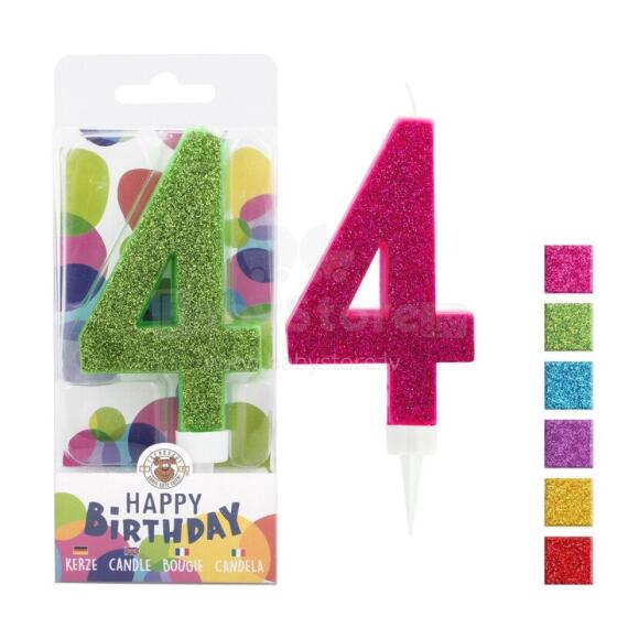 Birthday Fun - number candle 4 glitter maxi, 6 designs assorted
