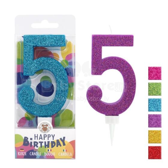 Birthday Fun - number candle 5 glitter maxi, 6 designs assorted