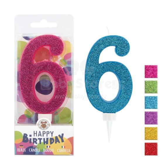 Birthday Fun - number candle 6 glitter maxi, 6 designs assorted