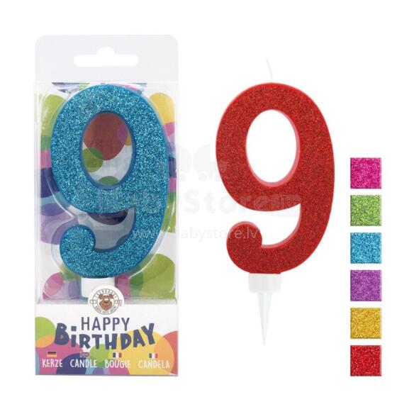 Birthday Fun - number candle 9 glitter maxi, 6 designs assorted