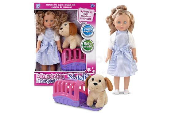 ARTICLE 122910 NATALIA doll in denim outfit with a dog and a carrier