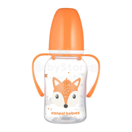 CANPOL 11/823 Standard bottle with handles 120 ml CUTE ANIMALS orange