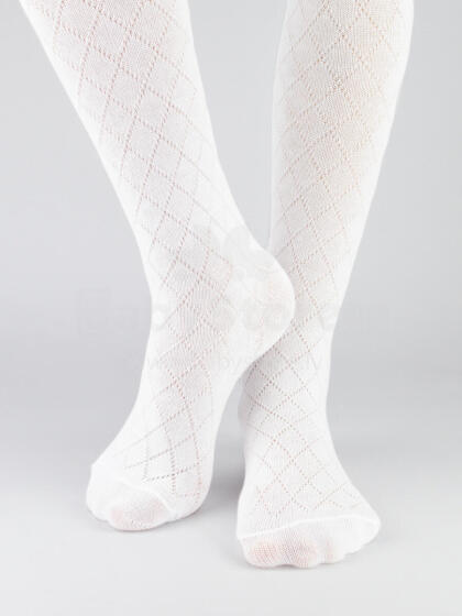 NOVITI RB010-G-01 Cotton jacquard tights, rhombus pattern, white 116/122