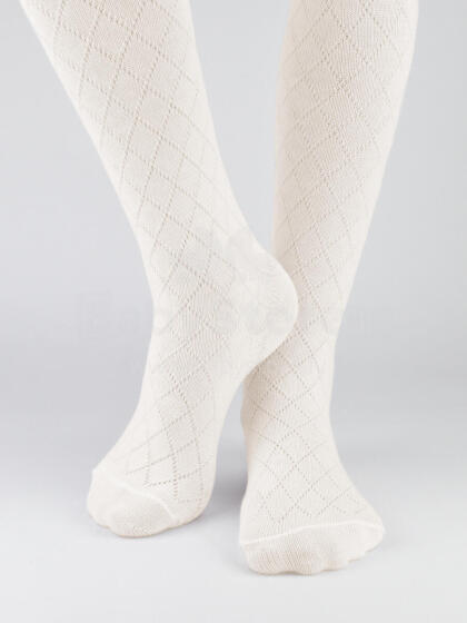 NOVITI RB010-G-02 Cotton jacquard tights, rhombus pattern, ecru 80/86