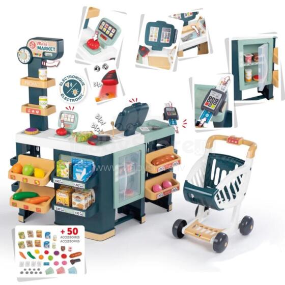 SMOBY Maximarket Electronic Cash Register Trolley with Scanner Scale and Refrigerator