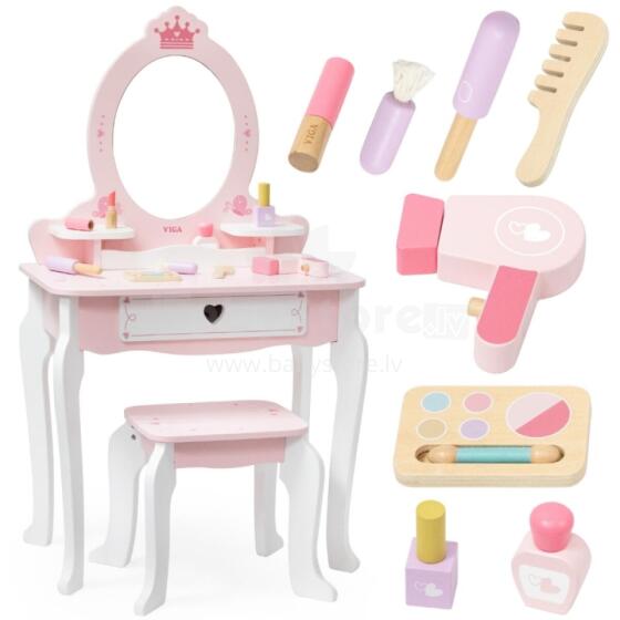 VIGA Large Wooden Dressing Table White and Pink with Mirror and Chair