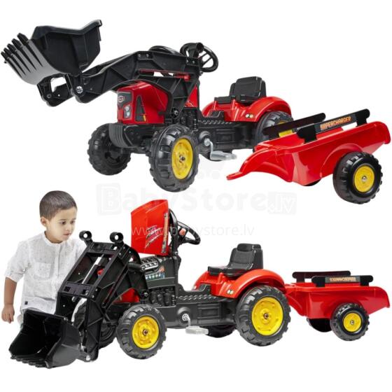 FALK Supercharger traktors, sarkans, atverams pārsegs ar piekabi un spaini, no 2 gadu vecuma