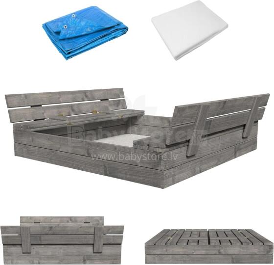 Bebe Basic Wood Sandbox Art.249101 Grey sandbox with a lid and a bench, 120x120 cm