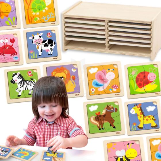 VIGA Wooden Puzzle 12 boards, 4 puzzles in a stand