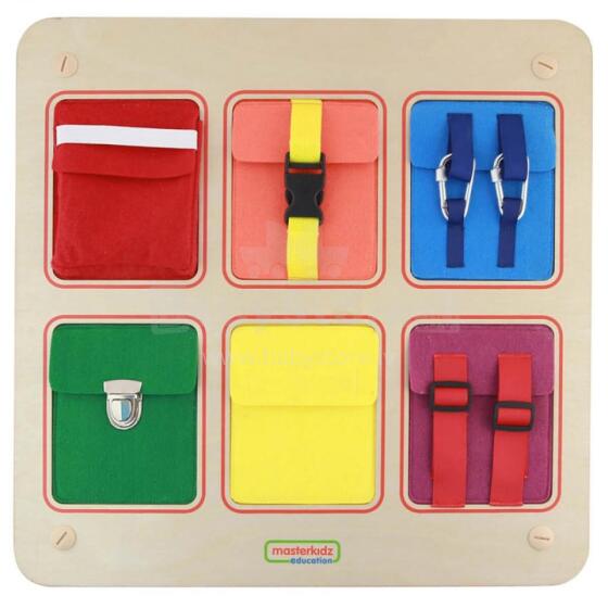 MASTERKIDZ Wooden Manipulative Wall Board Flex Colored Pockets Buckles and Velcro