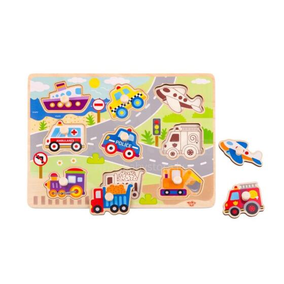 TOOKY TOY Wooden Montessori Puzzle Transport Vehicles with Matching Pins