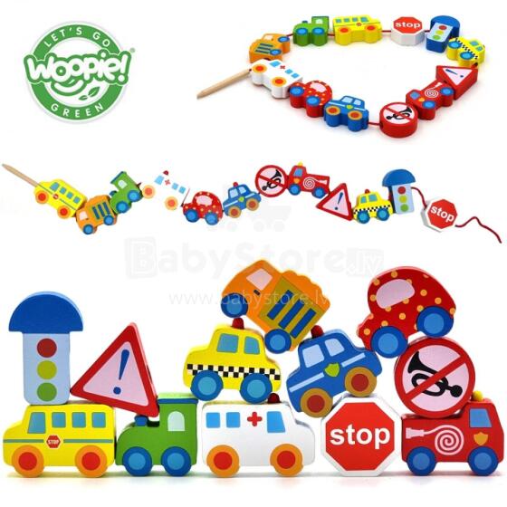 WOOPIE GREEN Wooden Threading Blocks Vehicles Cars 13 pcs.