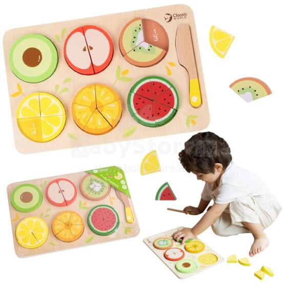 CLASSIC WORLD Wooden Fruits for Cutting with Velcro + Learning Fractions and Division MONTESSORI 23 pcs.