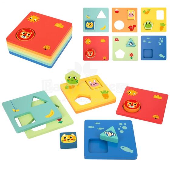 TOOKY TOY Montessori Puzzle Shapes and Colors Animals 6 Boards FSC