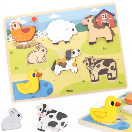 VIGA Wooden Puzzle Montessori 2in1 Puzzle Figures Farm