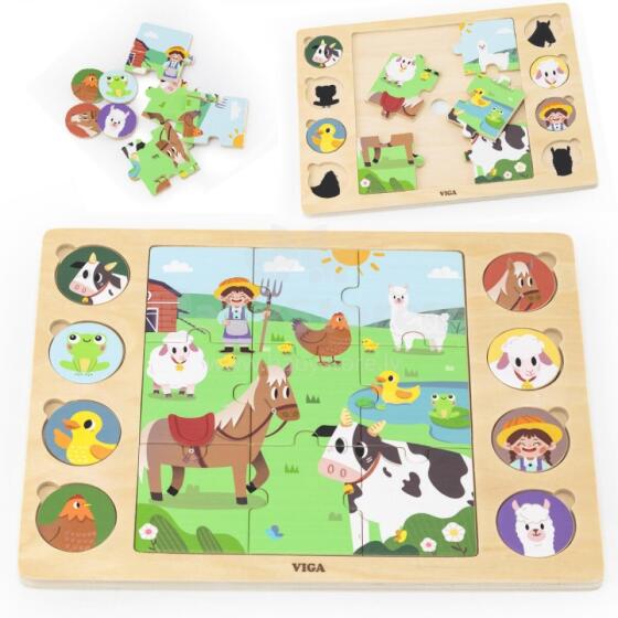 VIGA Wooden Puzzle Guess the Shadow - Farm Puzzle 17 pcs.