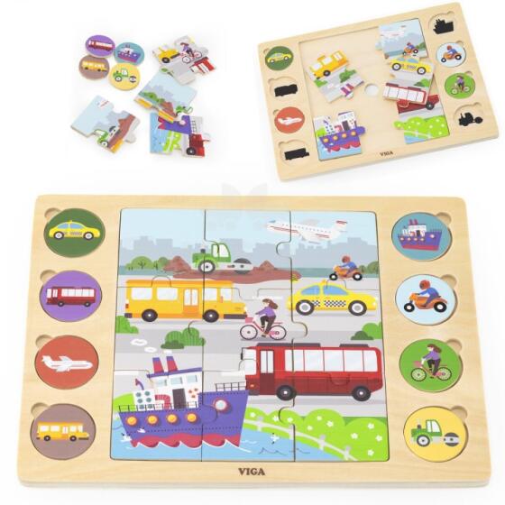 VIGA Wooden Puzzle Guess the Shadow - Means of Transport Puzzle 17 pcs.