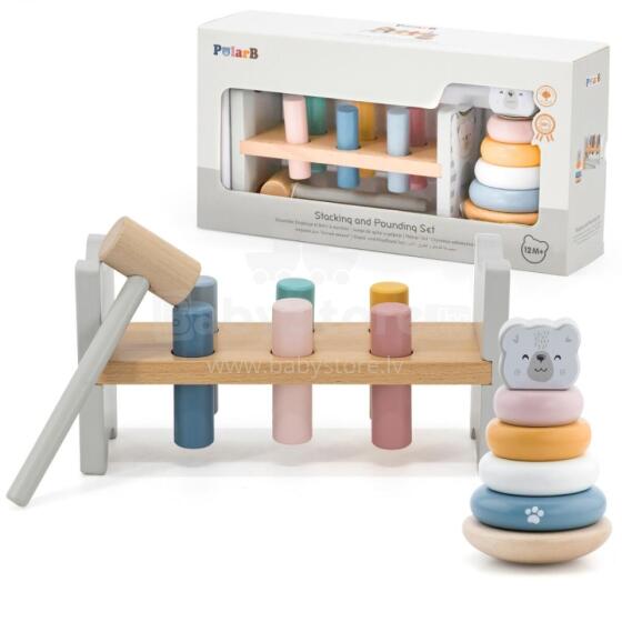VIGA PolarB Set Wooden Pyramid + Punch with Hammer Polar Bear Montessori