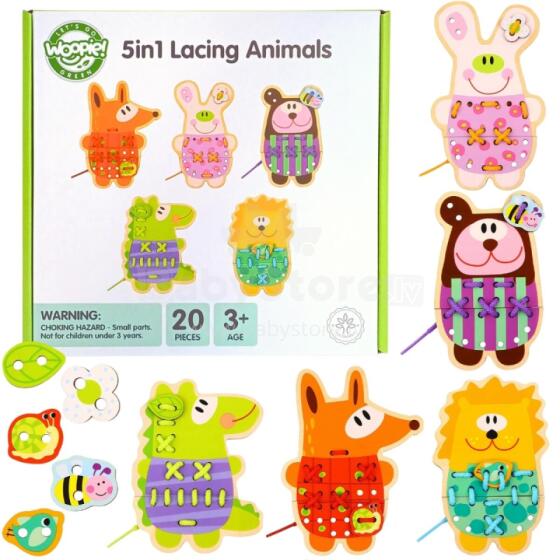 WOOPIE GREEN Деревянные шнурки 5 в 1 Животные для продевания
