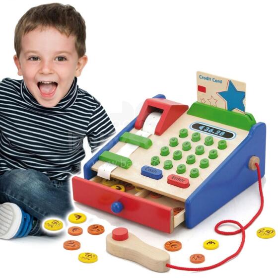 VIGA Wooden Cash Register with Accessories Montessori Scanner