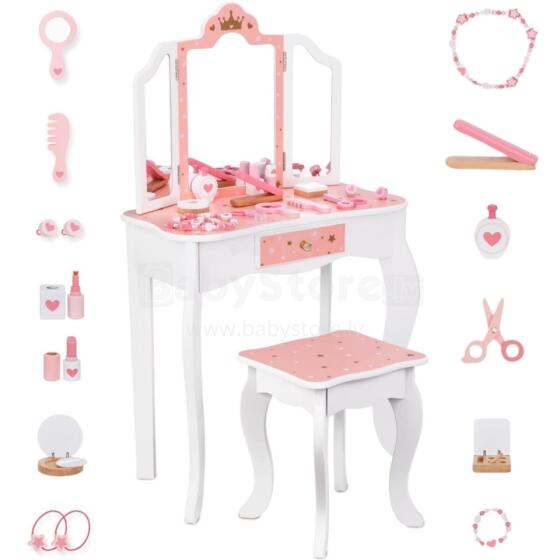 TOOKY TOY Wooden Dressing Table with Chair Folding Mirror Accessories 15 pcs.