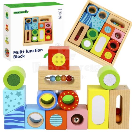 TOOKY TOY Wooden Box Sensory Blocks Multifunctional Puzzle Shapes Sound Touch 12 pcs.