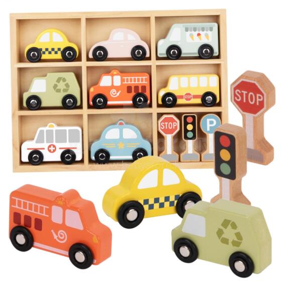 TOOKY TOY Набор деревянных транспортных средств и дорожных знаков в коробке
