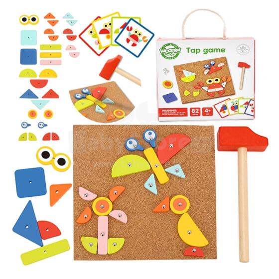 WOOPIE GREEN Wooden Nail with Hammer Puzzle 20 patterns 82 pcs. FSC certificate
