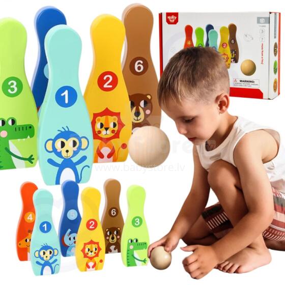 TOOKY TOY Drewniane Kręgle dla Dzieci  6 szt. + Piłka