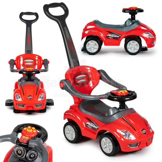 Ride-on car, push car 3-in-1 DELUXE with handle and music panel - red