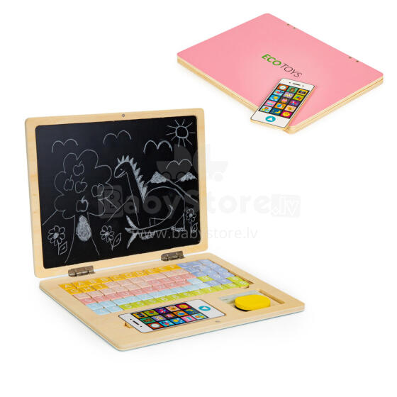 Wooden Magnetic educational blackboard laptop with phone and letters ECOTOYS