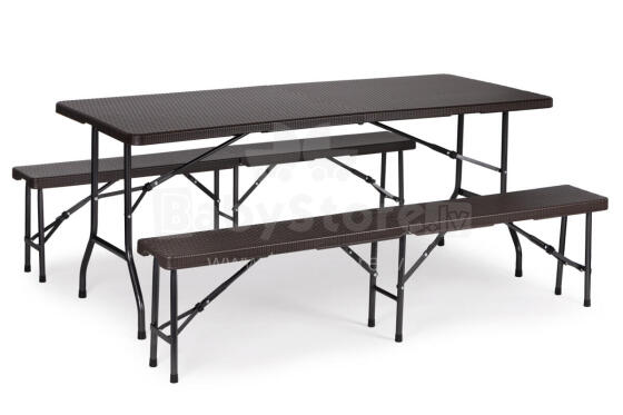 Catering table 180cm + 2 benches Rattan banquet set ModernHome