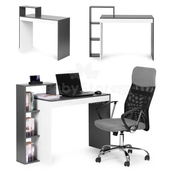 White and gray office computer desk, table + bookcase with 4 shelves