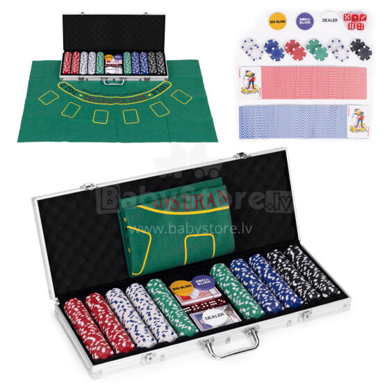 Poker and Blackjack Set – 500 Chips, 2 Decks of Cards, Dice, Playing Mat, Lockable Case