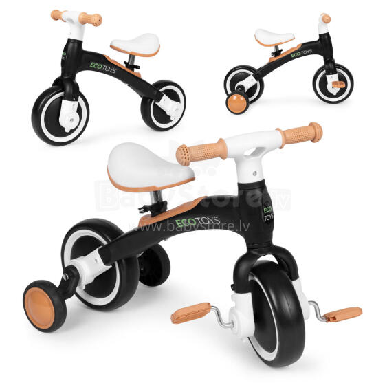 Balance bike with pedals - training, 3-in-1, side wheels, black, ECOTOYS