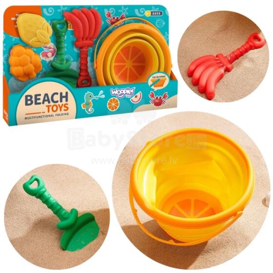Woopie Art.53446 Sand Play Set Tropical Fruits Folding Bucket with Rake, Shovel, and Molds