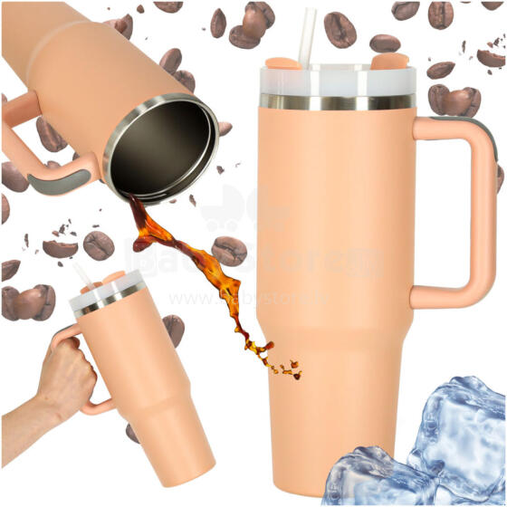Ikonka Art.KX3032_1 Termiskā krūze ar salmiņu un rokturi termoss 1200ml pulverveida rozā krāsā