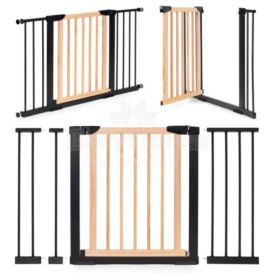 Safety gate barrier, 74-130 cm, for stairs and doors, metal and wood, additional panels