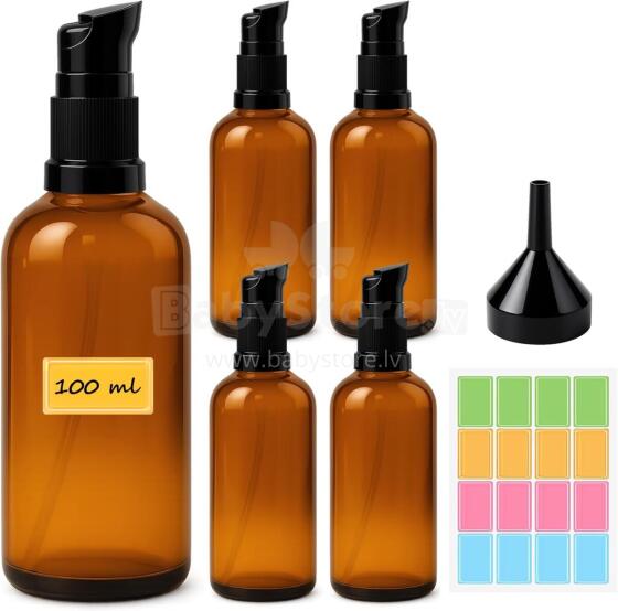 Empty Glass Bottles Brown with Sticker Funnel Art.256884  Amber Glass Lotion Bottles with Pump Dispenser,100ml,1 psc