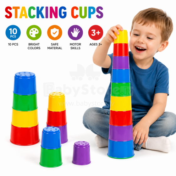 I-Toys Stacking Cups Art.257816  Krāsainie saliekamie trauciņi-piramīda – 10 gab.