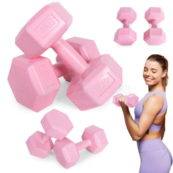 Hex dumbbells set 2x4 kg, vingrošanas svari, fitnesa slodze, rozā, ModernHome