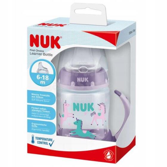 NUK ZE-113 FC Bottle 150ml with handles and temperature indicator, non-drip spout purple + pacifier suitable for 0-6 months Happy Days Flaming