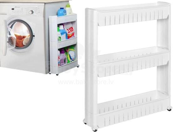 Mobile white cabinet on wheels for a washing machine
