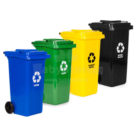 Kompleks 4 atkritumu grozi 4x120L zils, zaļš, dzeltens, melns makulatūra, stikls, plastmasa, jauktie atkritumi, gumijas riteņi