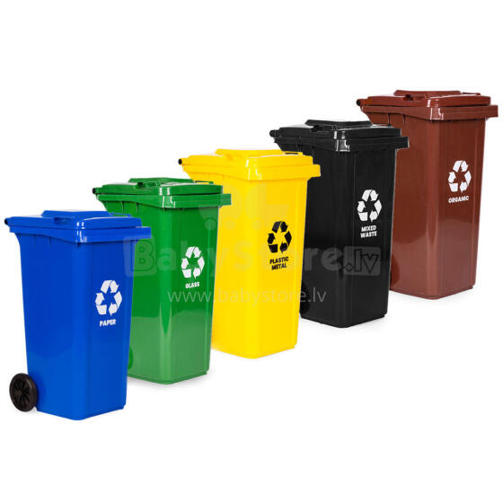 Set of 5 Trash Bins Containers 5x120L Blue Green Yellow Black Brown Paper Glass Plastic Mixed Waste BIO with Rubber Wheels
