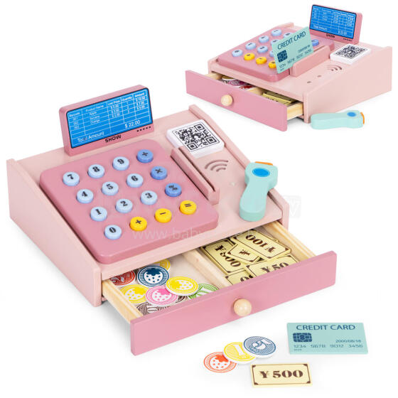 Wooden Cash Register for Children with Scanner Banknotes Coins Card