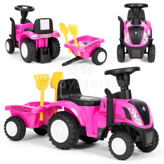 Ride-on tractor with trailer for children, interactive steering wheel, sounds, pink